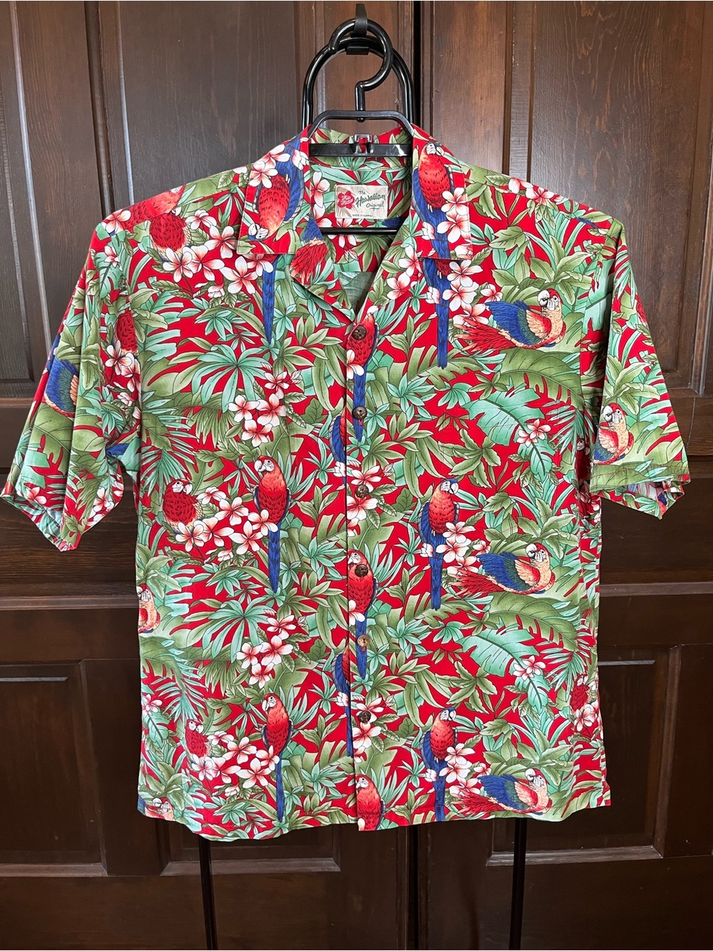 Hilo Hattie Hawaiian Shirt Red Parrot Print Cotton Tropical USA Men's Size L